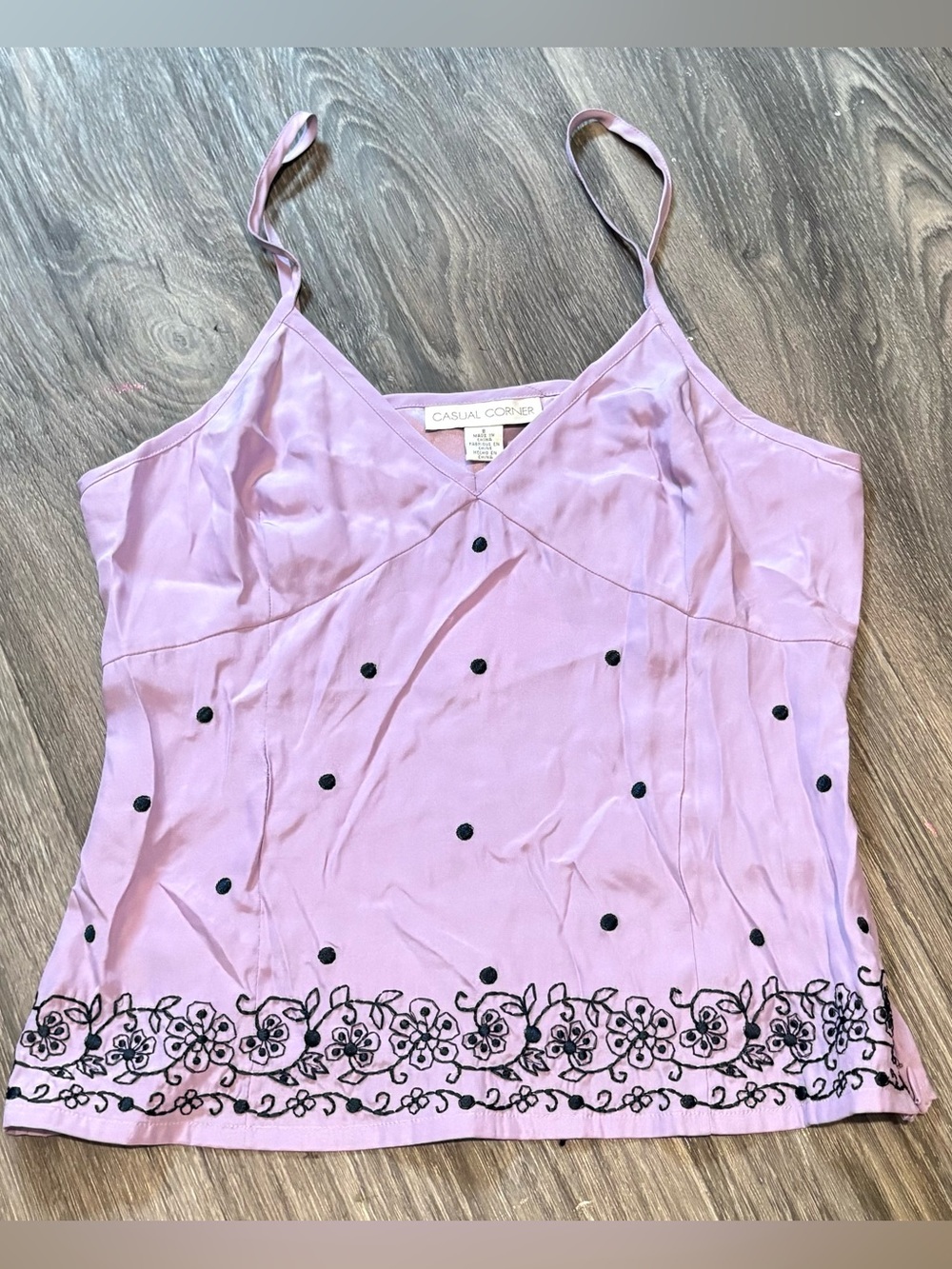 NWT Y2K Casual Corner lavender Silk cami with floral and polka dot embroidery